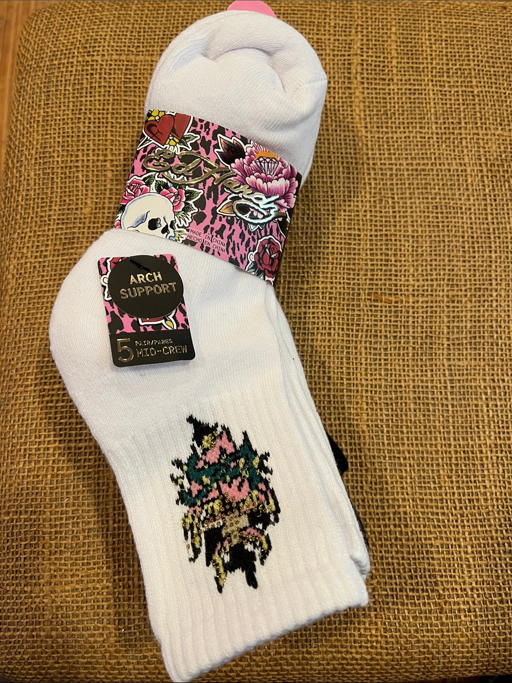 Ed Hardy  Mid-Crew Socks with Multicolor Floral Skull Embroidery